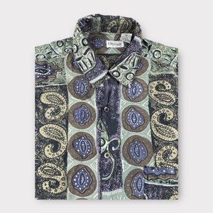 Cezar Abstract Artistic Aztec Style Shirt Mens Size Medium 100% Silk Long Sleeve